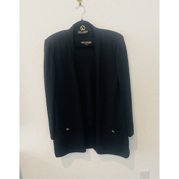 St John Basics Black Santana Knit Two Piece Sweater Set Open Front Cardigan L - Picture 1 of 8